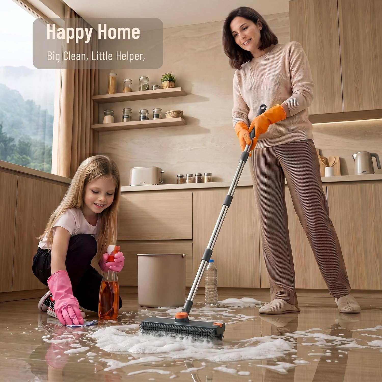 3 in 1 Floor Scrub Brush with Long Handle & Squeegee Tweezer: Up to 54"