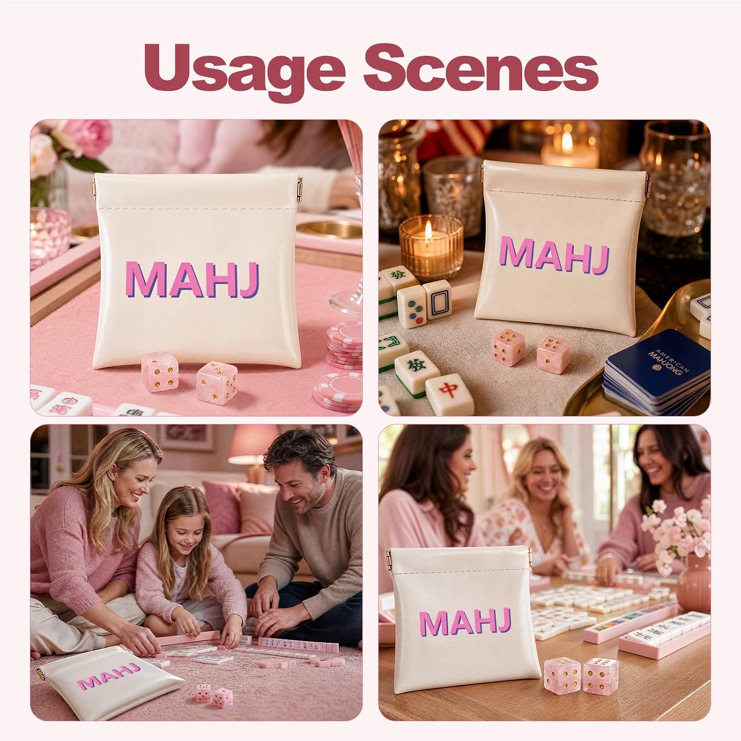 Natural Pink Crystal Mahjong Dice Set with MAHJ Bag | Rose Quartz Gemstone Dice, Not Resin, Mini Pouch for Dice, Chips & Tiles Storage, American Mahjong Gift for Players