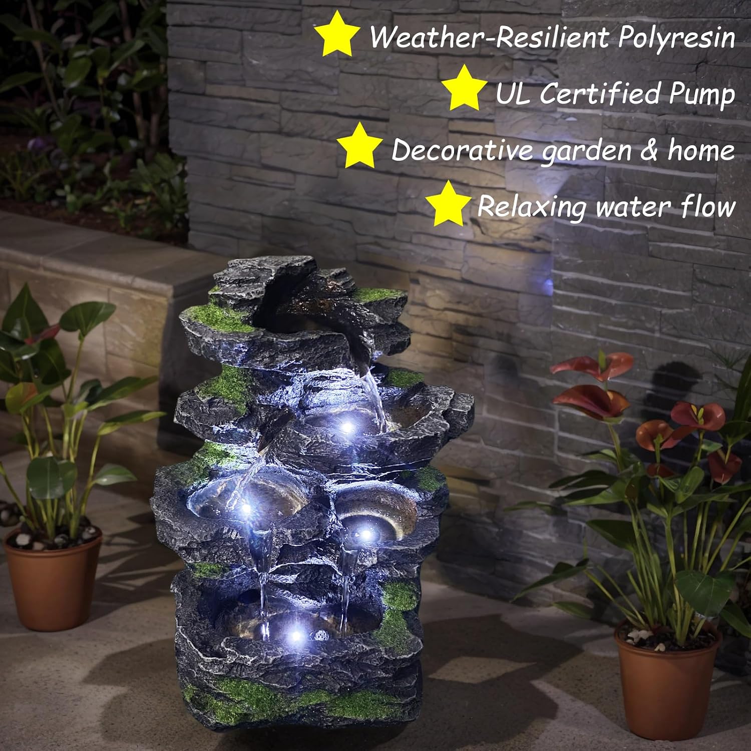 5-Tier Cascading Rock Water Fountain with White LED Lights