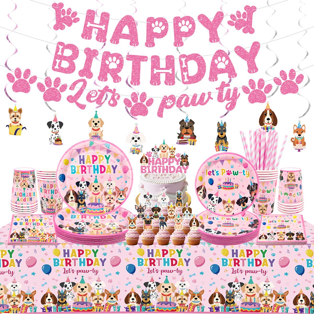 Dog Birthday Party Supplies, 20 Guests, Includes Plates, Napkins, Cups, Tablecloth, Banner, Hanging Swirls, Cake Topper for Dog Party Decorations