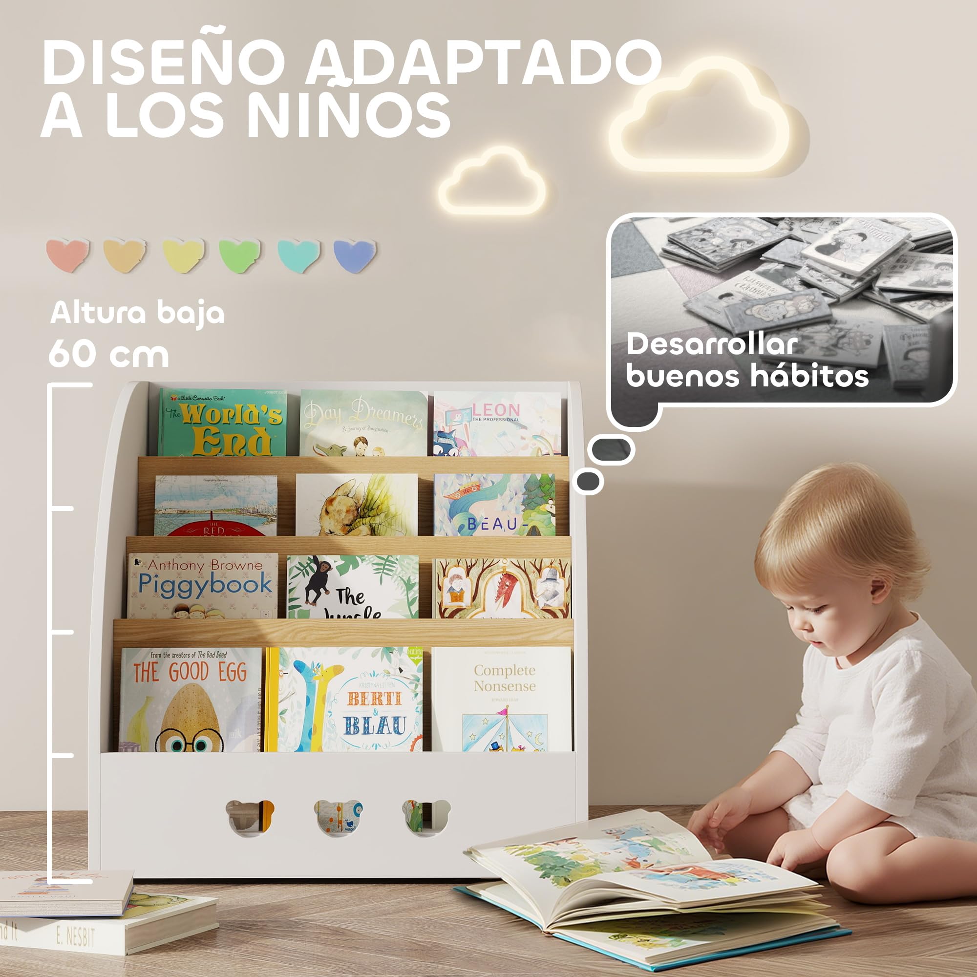 AIYAPLAY Estantería Infantil para Juguetes con Compartimento Oculto Organizador de Juguetes de 4 Niveles con Ruedas para Habitación Infantil Sala de Juegos Guardería Blanco y Natural