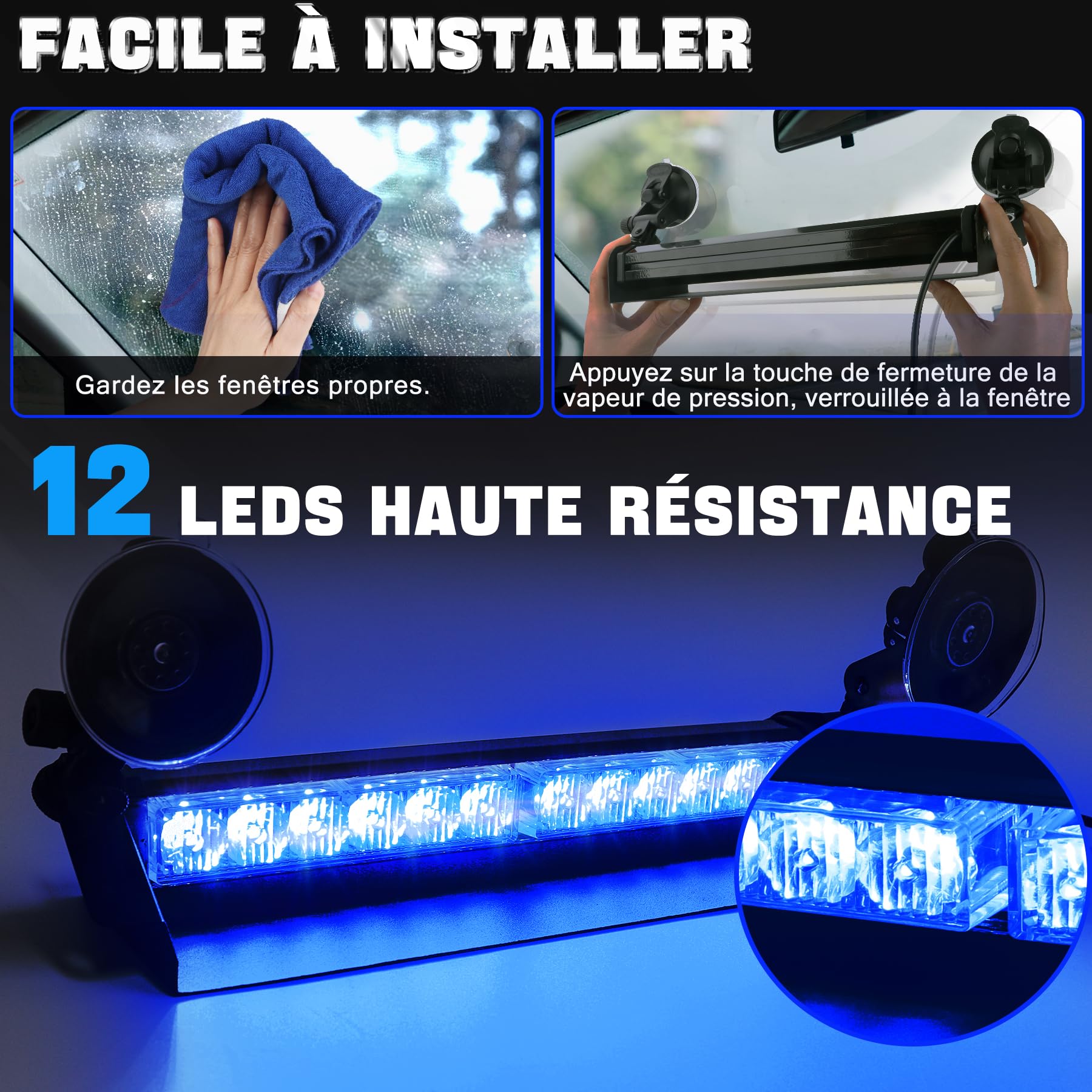 Gyrophare LED Bleu 35,6 cm 12V-24V, 12 LED, 9 Modes IP65 | Fixation par ventouse sur pare-brise, adaptée aux tracteurs, chariots élévateurs, camions et voitures, idéale par pluie