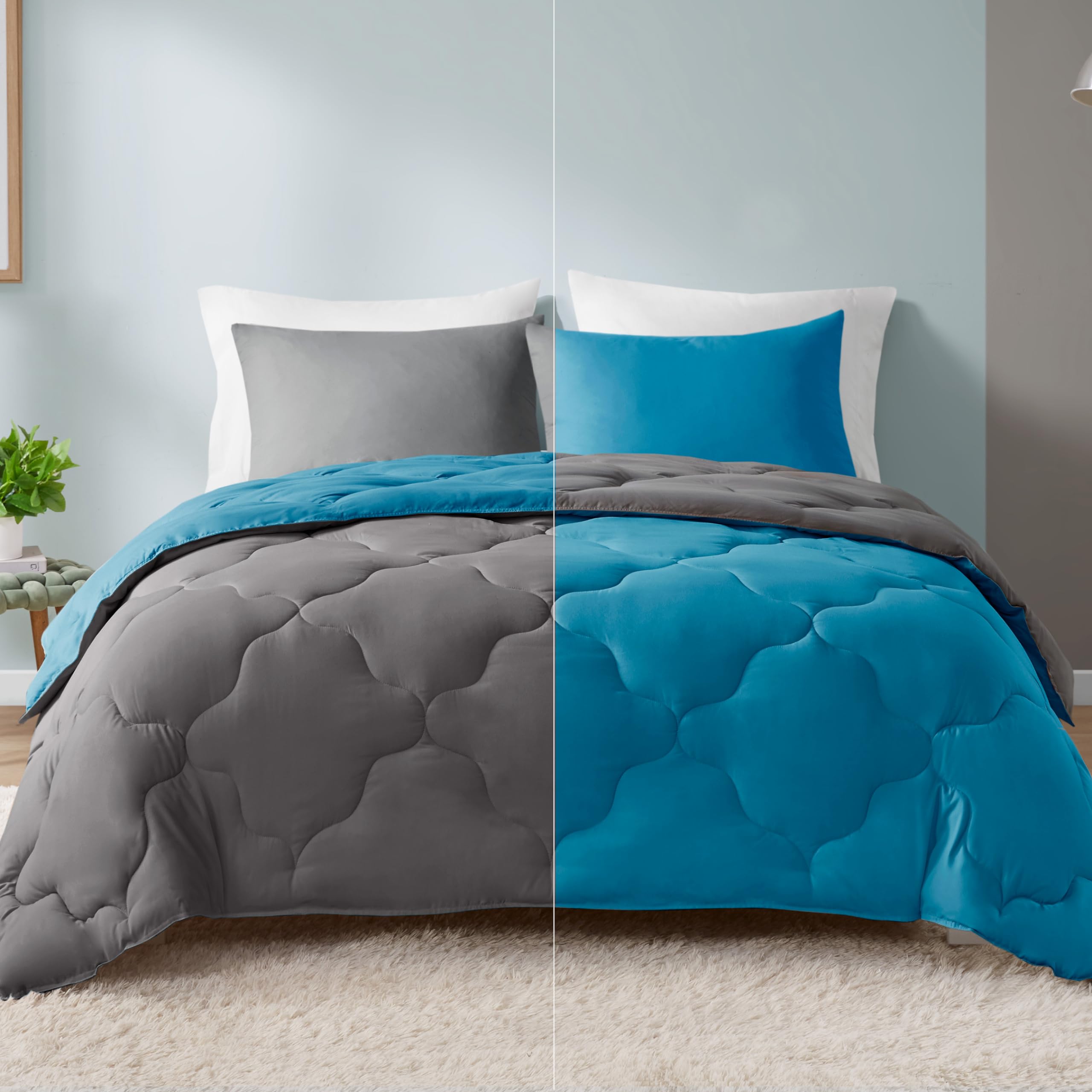 Comfort Spaces Vixie Reversible Comforter Set - Trendy Casual Geometric Quilted Cover, All Season Down Alternative Cozy Bedding, Matching Sham, Teal/Charcoal, Full/Queen 3 piece