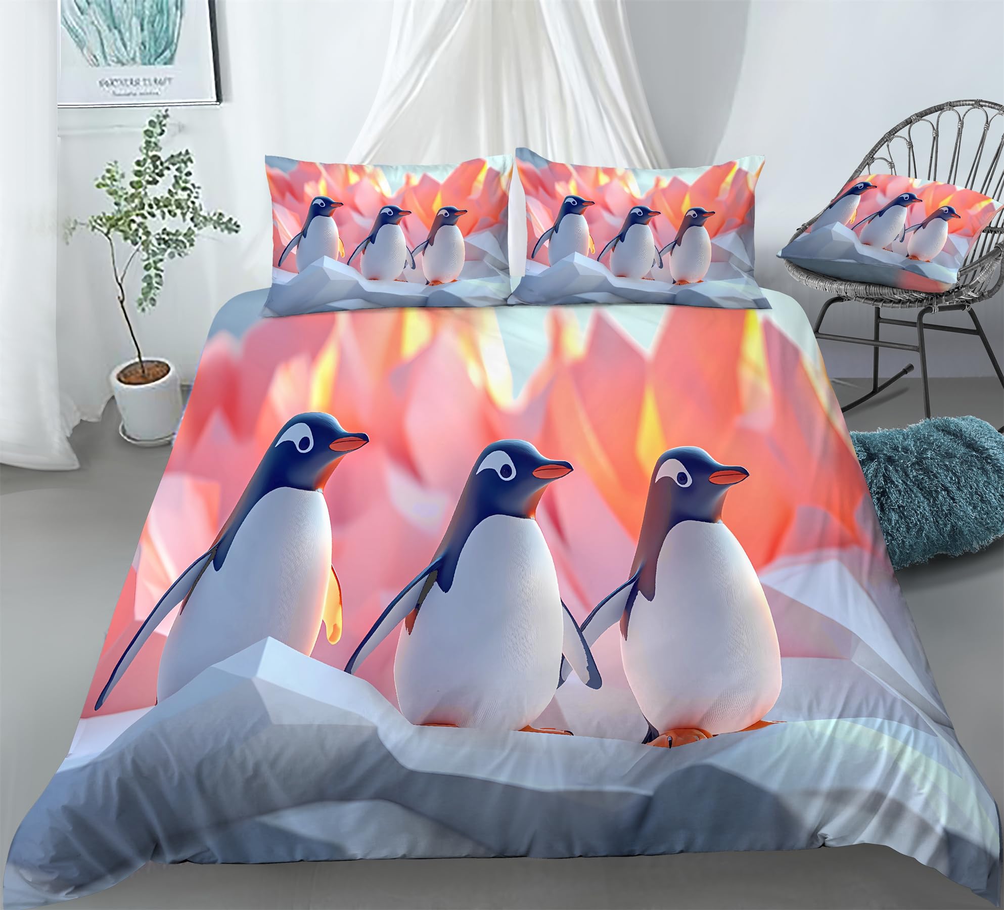 REALIN Cute Penguin Ice Skaters Bedding Snow Penguins Arctic Animal Duvet Cover Set Girl Boy Kids Bed Sets 3/4PCS Quilt Covers/Sheets/Pillow Shams,Twin/Full/Queen/King (A,Full-200x229cm-4PCS)