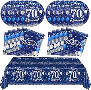 Blue 70th Birthday Decorations for Men Navy Blue Silver Happy 70th Birthday Tableware Set Include Happy 70th Birthday Plates Napkins Tablecloth for 70th Birthday Anniversary Party Decorations Supplies