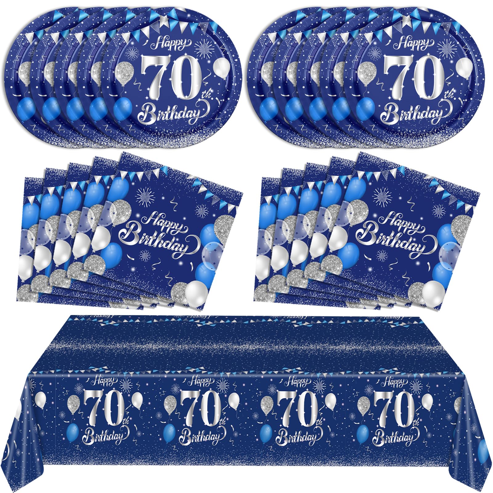 Blue 70th Birthday Decorations for Men Navy Blue Silver Happy 70th Birthday Tableware Set Include Happy 70th Birthday Plates Napkins Tablecloth for 70