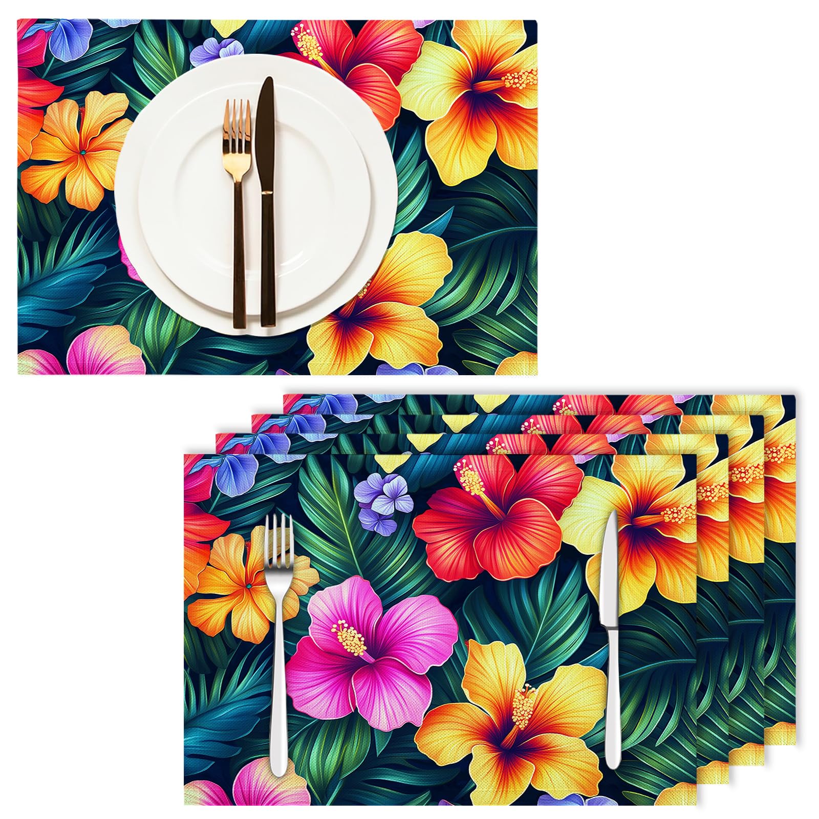 Set di 8 Tovagliette Americane Lavabili Cotone Lino Ibisco - Tovaglietta Americana Resistenti al Calore Durevole Fiori tropicali - per Colazione Pranzo 30×45 cm