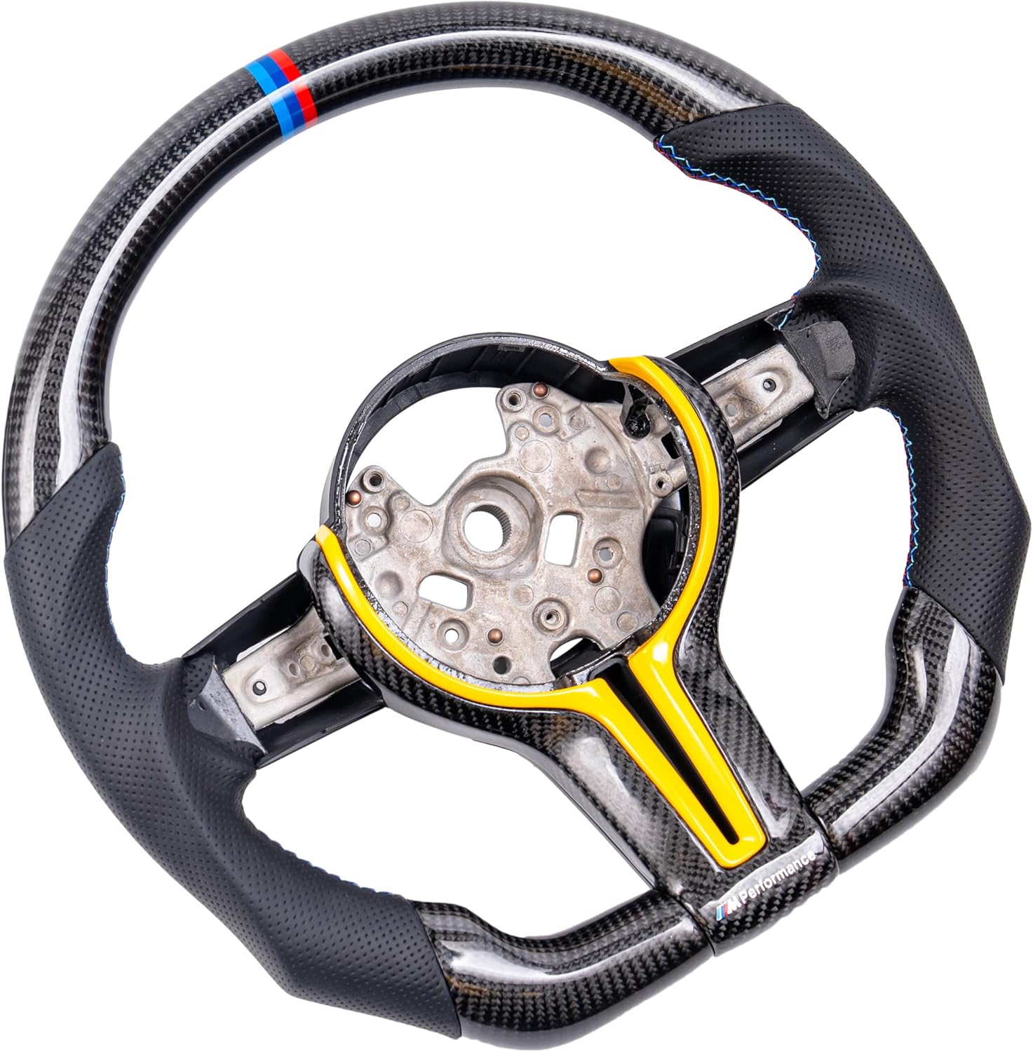 Real Carbon Fiber Perforated Nappa Leather D-Type Racing Design Sport Steering Wheel for BMW F30 F20 F21 F25 F15 M2 M3 M4 F80 F82 F87 (Yellow Carbon Fiber Frame, Without Heating)