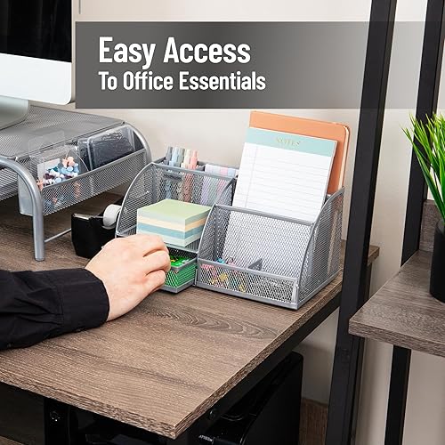 Miniatura 6 de Mind Reader Organizador de escritorio de 7 compartimentos, almacenamiento de archivos y accesorios, organizador de oficina de malla metálica para