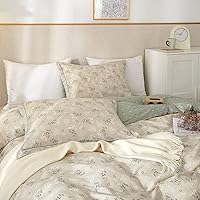 Vista 3 de AMWAN - Juego de funda de edredón boho de algodón con diseño floral, tamaño individual, para niñas, con estampado de jardín, beige y verde, funda