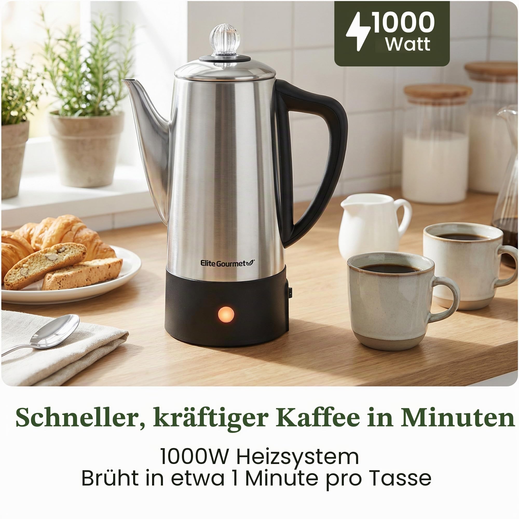 Elite Gourmet EC140 Elektrischer Kaffee-Perkolator für 6 Tassen mit Warmhalten, durchsichtigem Braufortschrittsknopf, Cool-Touch-Griff, kabelloser Servieren, Edelstahl