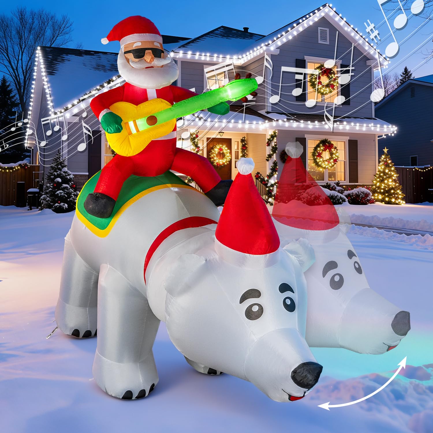 Oso inflable de Navidad de 7 pies con cabeza temblorosa y música, decoración de patio inflable con luces LED para Navidad, fiesta, interior, jardín, césped