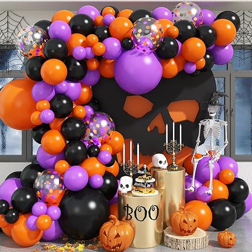 Kit de arco de globos de color negro, morado, naranja, naranja, morado, negro, guirnalda de globos de látex de confeti, globos de helio naranja,