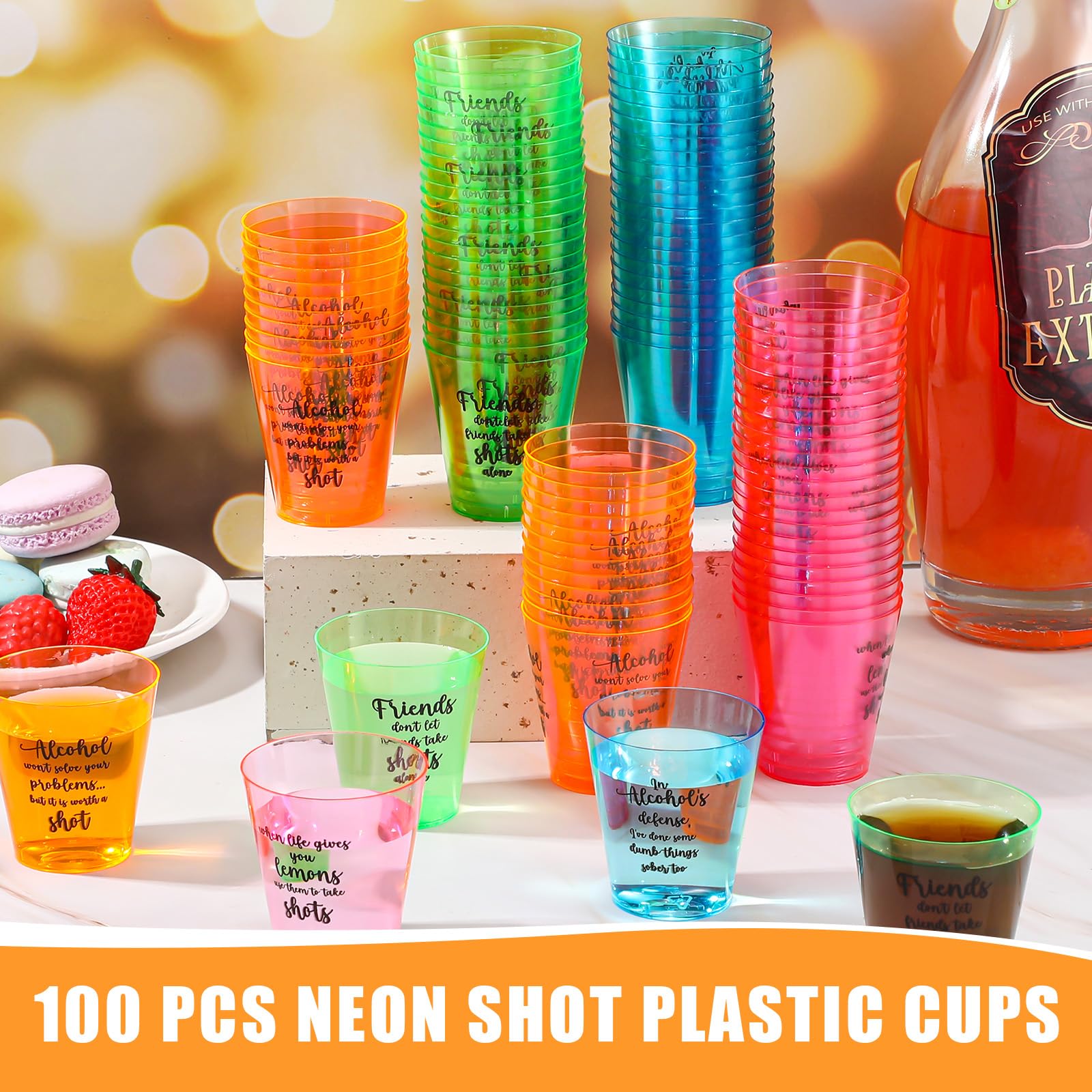 Roshtia 100 vasos de chupito divertidos de 2 onzas para adultos y amigos, vasos de chupito desechables de neón coloridos para amigos, despedidas de soltera, cumpleaños, bodas, regalos de fiesta de
