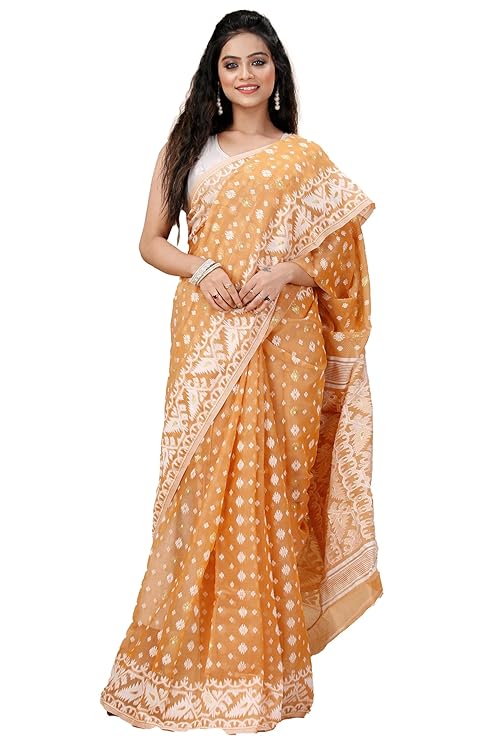 OISHANI SAREE GHOR Women’s Traditional Bengal Cotton Silk Jamdani Saree – BROWN