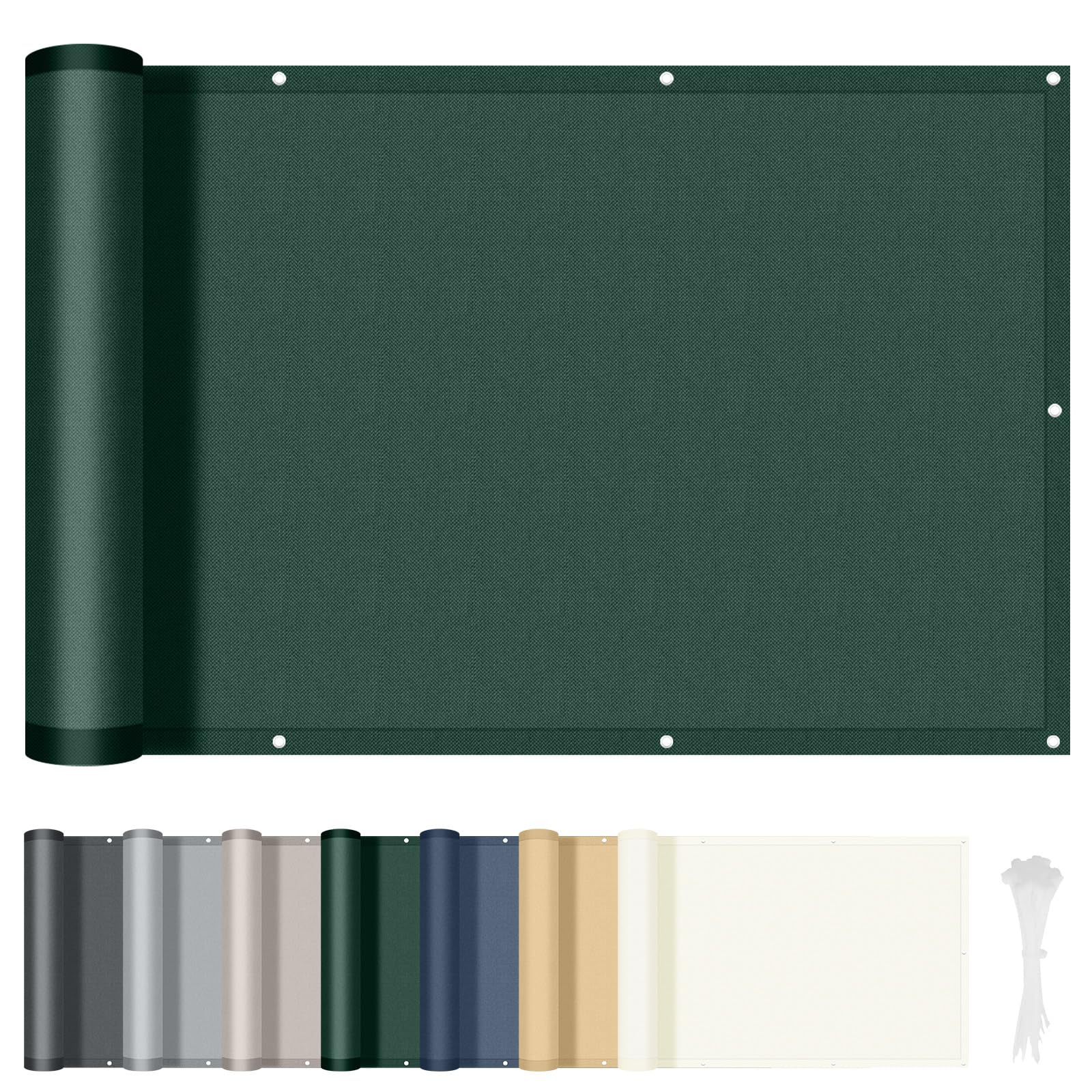 HENG FENG Balkon Sichtschutz 75x300cm, Wasserdicht, Wetterfest und 95% UV-Schutz, 160g/㎡ PES Balkonverkleidung Balkonabdeckung Balkonbespannung mit Kabelbindern, Dunkelgrün