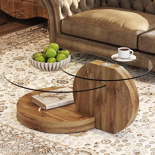 Miniatura 7 de Mesa de café de vidrio de 42 pulgadas, modernas mesas de café redondas de vidrio templado para sala de estar, mesa de centro de 3 niveles de madera