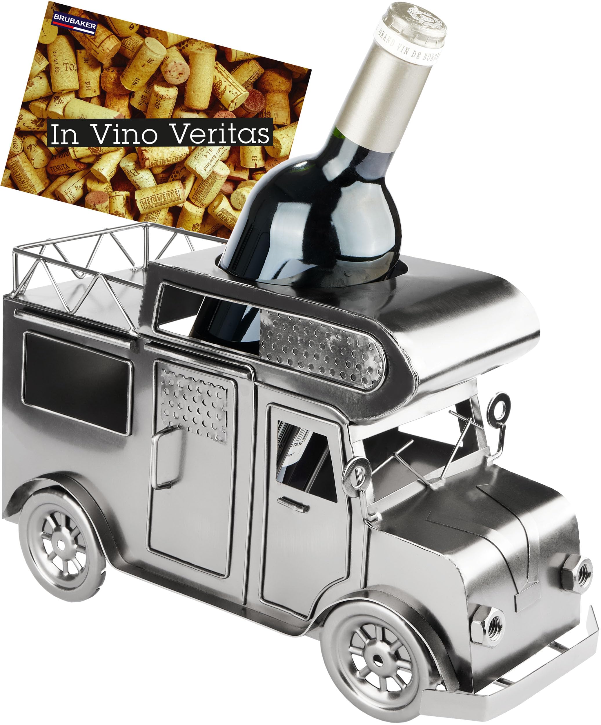 BRUBAKER Weinflaschenhalter Wohnmobil - Metall Flaschenhalter Camping - Wein Geschenk für Camper - Flaschenständer Dekoration mit Grußkarte