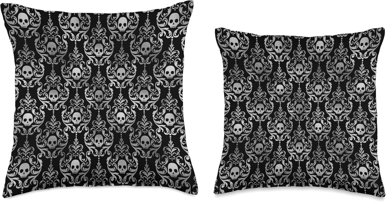 Black and Grey Skulls Elegant Glam Goth Halloween Throw Pillow