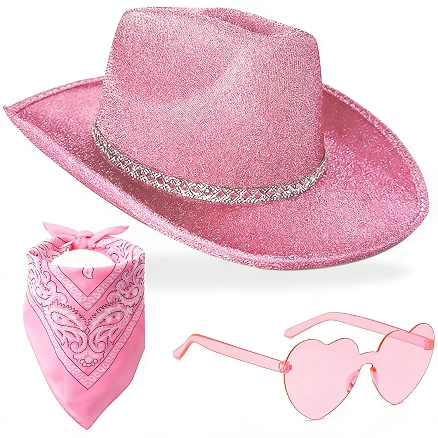 Spiritzohic Cowboy Hat for Women, Western Cowgirl Hat with Bandana and Heart Sunglasses, Women Western Hat with Sequin, Cowgirl Costume Accessories, for Birthday, Halloween, BachelorParty Cosplay