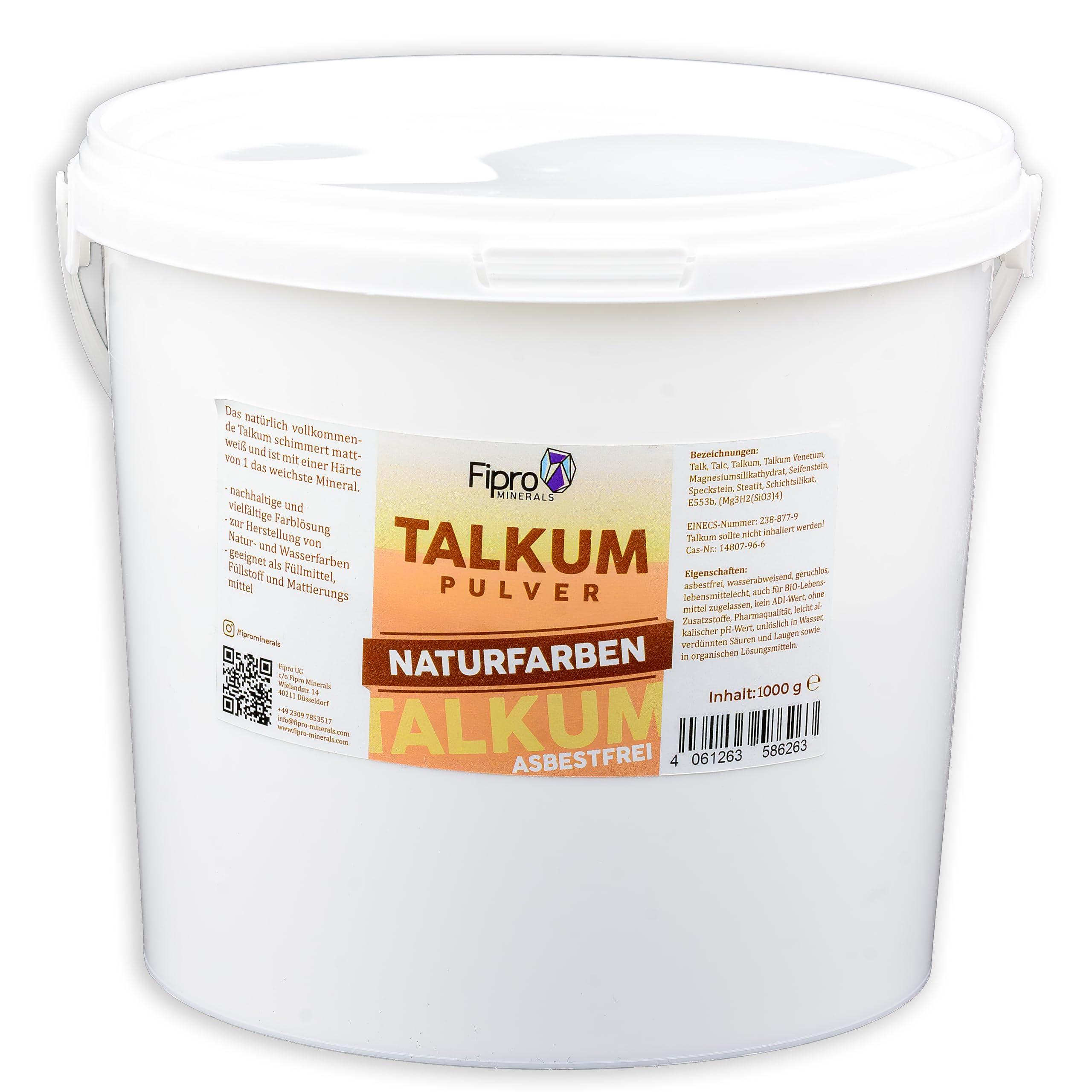 Fipro Minerals Poudre de talc 4 x 1 kg | Poudre de talc sans amiante | agent de remplissage | Matifiant | Pour couleurs naturelles aquarelles | Vieux au carbonate de calcium, sulfate de baryum