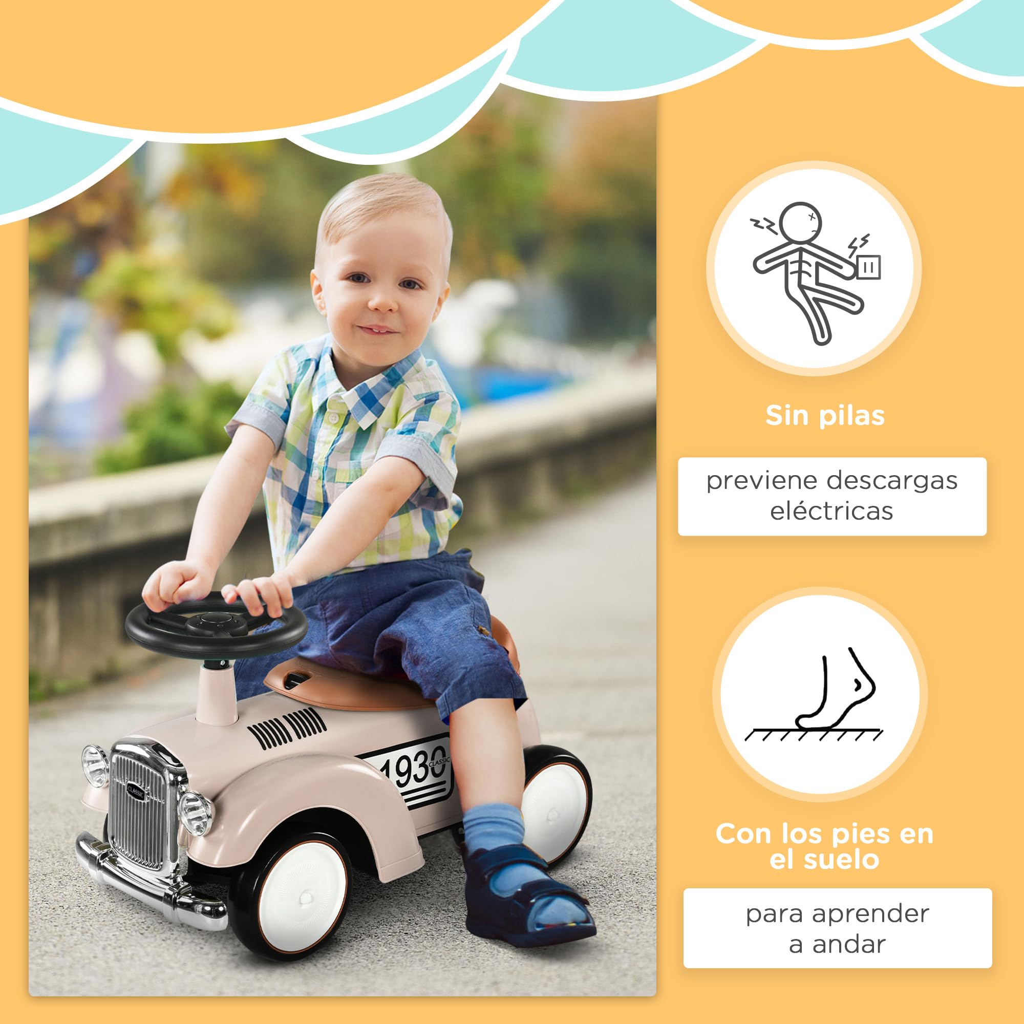 AIYAPLAY Correpasillos para Bebés de 12 a 36 Meses Coche sin Pedales con Bocina Compartimento de Almacenaje y Volante para Interior y Exterior 58x27x35 cm Crema