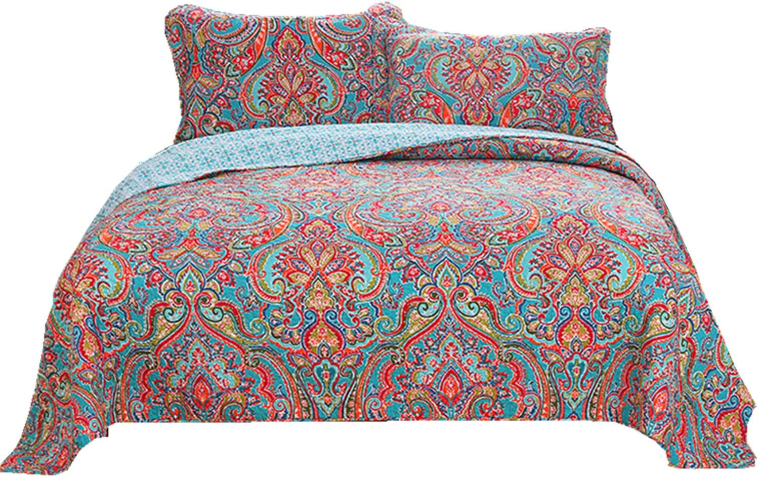Newrara Jacquard Style Cotton 3 Pcs Patchwork Bedspread Boho Quilt Sets Queen Size（Red）