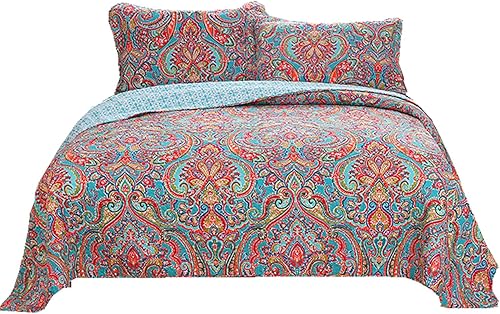 Jacquard estilo algodón 3 piezas patchwork colcha Boho edredón juegos Queen (rojo)