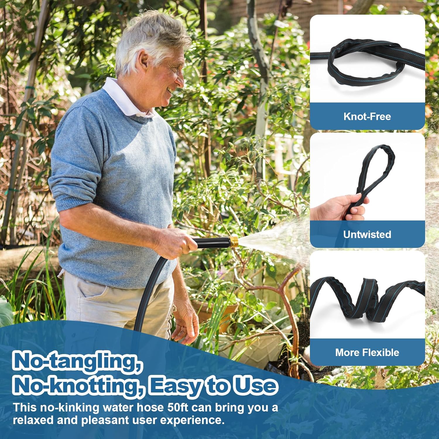 Garden Hose 50ft Lightweight, Non-Expanding, Leak-Proof Metal Connector, No-Knot No-Tangle, Easy to Store and Carry, Wear-Resistant, 3/4GHT Flexible Water Hose, Hose for Yard, Garden, Outdoor