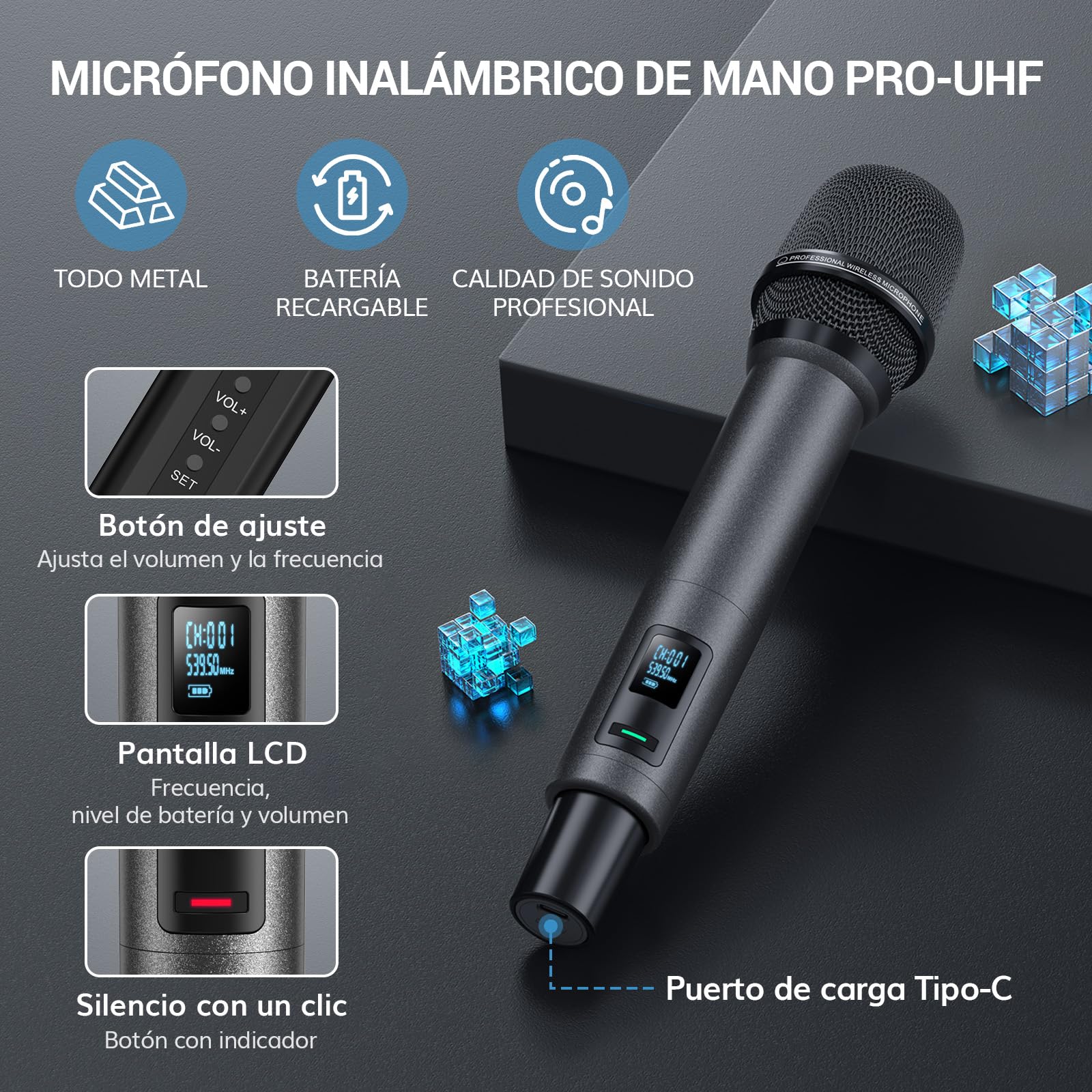 TONOR Microfono Inalambricos Karaoke Recargable UHF, 2x20 Canales Micrófono Dinámicos de Metal, Micrófono Inalámbrico Profesional para Cantar la Boda de la Iglesia con Volumen ajust, 80 M, TW520