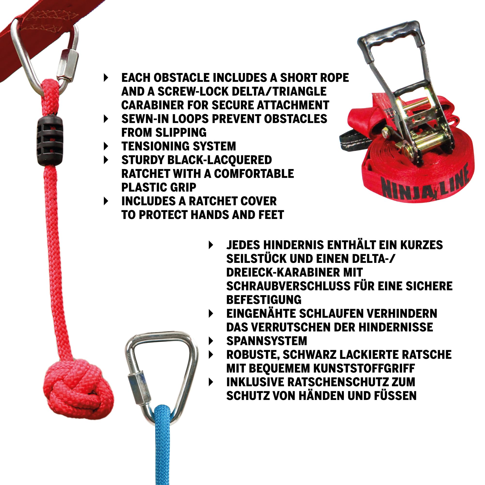 Slackers Ninja Line Starter Set – Outdoor Hangelparcours & Slackline für Kinder ab 5 Jahren – Komplettset mit 11 m Slackline, 7 Hindernissen, Ratsche & Tragetasche – Ninja-Spielspaß im Garten