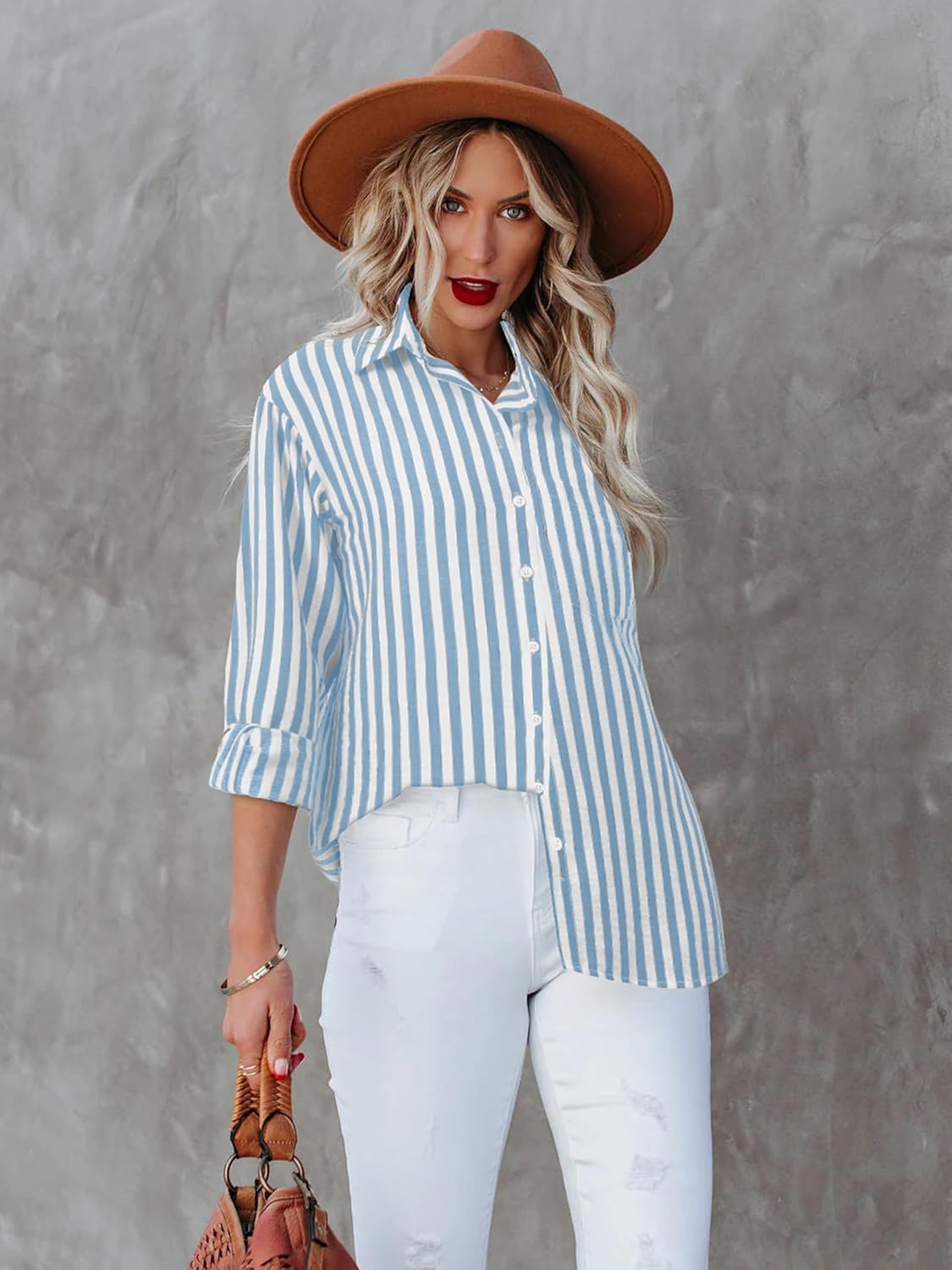Super Soft Women's Striped Button Down Shirts Linen Dress Shirts Casual Long Sleeve Blouses Tops - Image 3