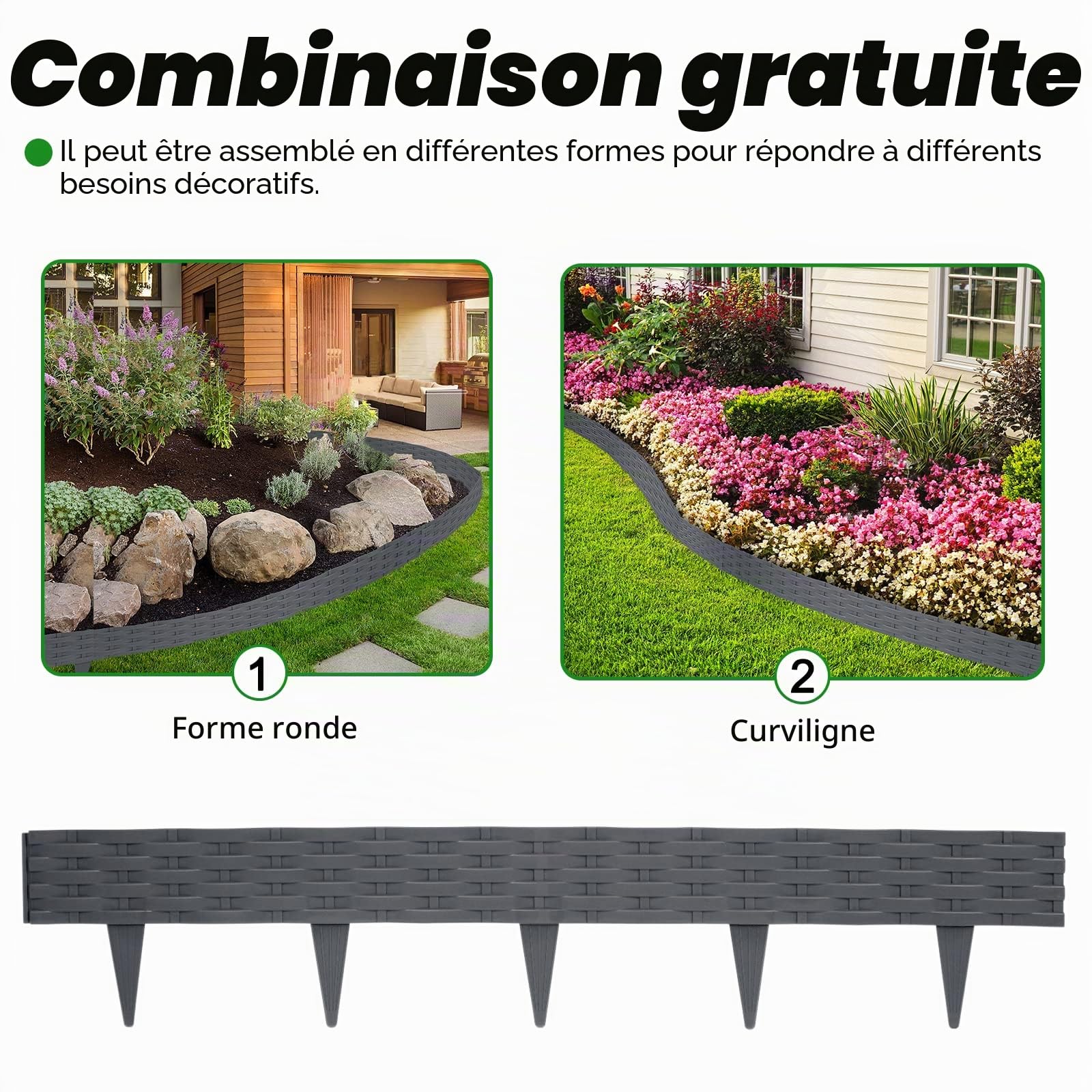 Lot de 5 bordures de pelouse en plastique aspect rotin - 5 m - 100 x 20 cm - Anthracite
