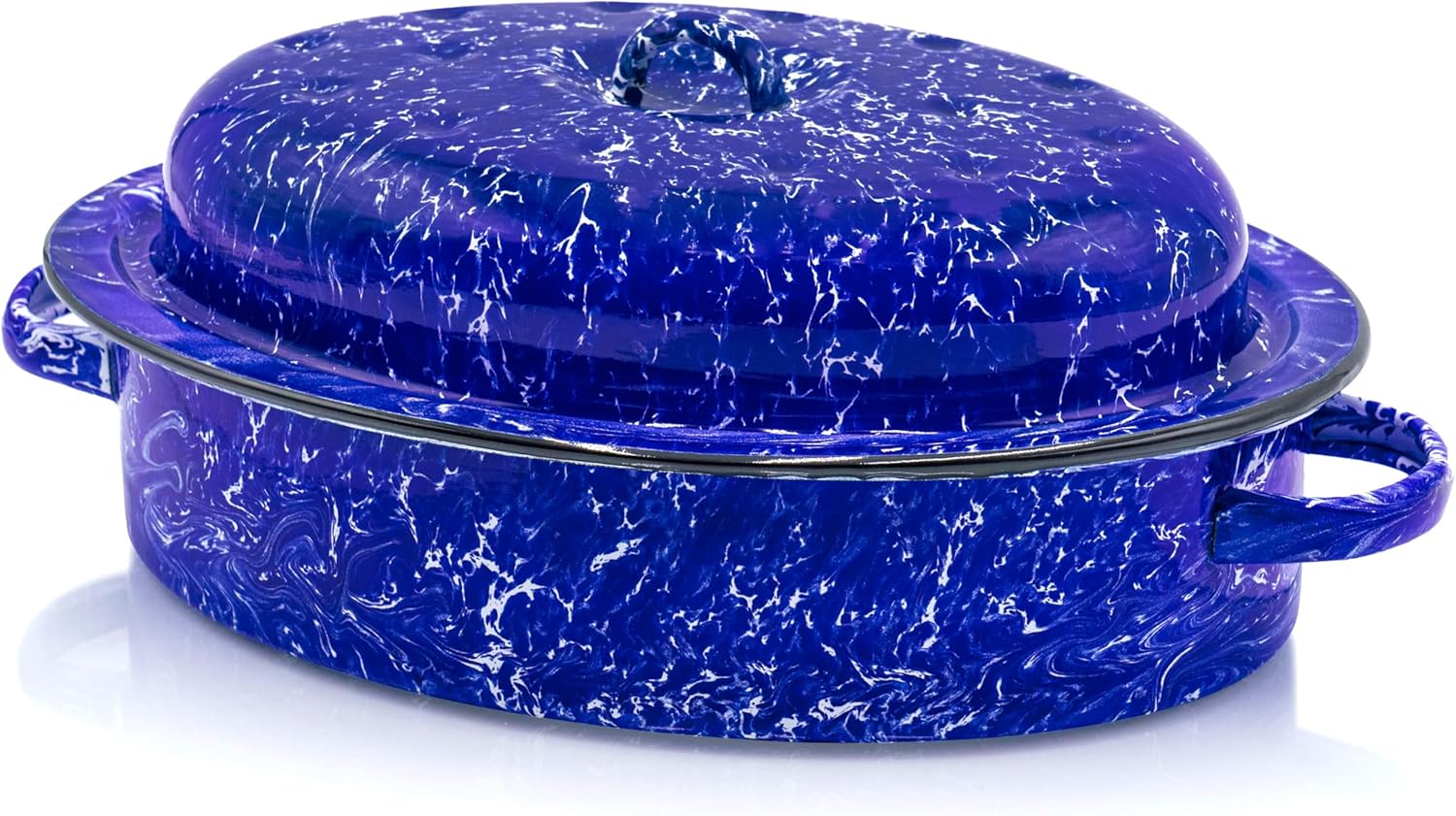 Red Co. Enamelware Metal Classic 3.6 Quart 12" Roasting Pan with Dome Lid, Navy Blue Marble/Black Rim - Splatter Design