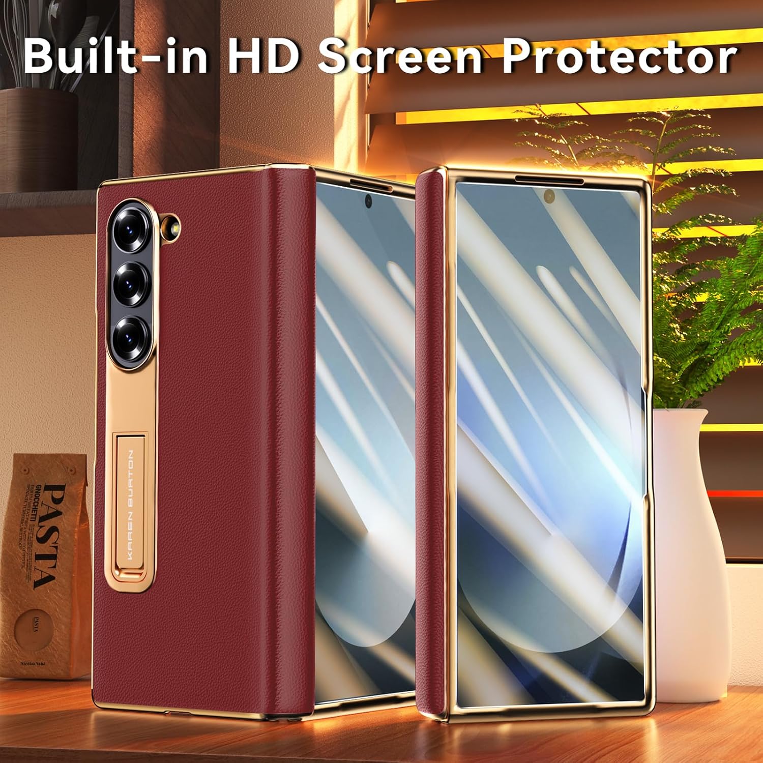 for Samsung Galaxy Z Fold 6 Phone Case,Luxury Premier Genuine Leather,Full Body Hinge Protection,Built-in Screen Protector,Kickstand Slim Protective Cover for Galaxy ZFold 6 (Red)