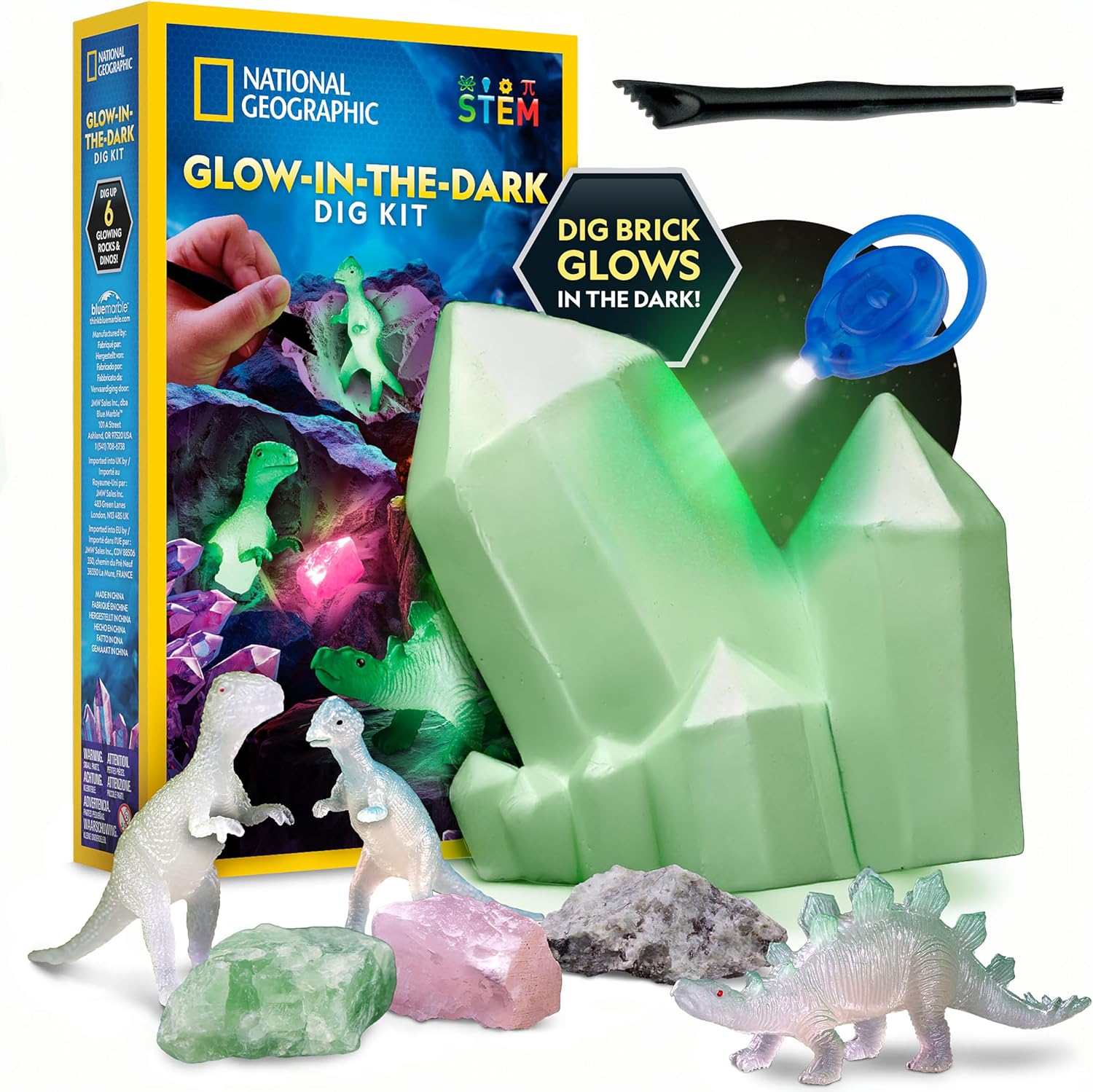 National Geographic Glow in The Dark Dig Kit - Excavate 6 Glow in The Dark Rocks & Dinosaurs from a Glowing Brick, Rock Collection, Science Kits for Kids, Rock Kit for Kids, STEM Kits, Dinosaur Toys