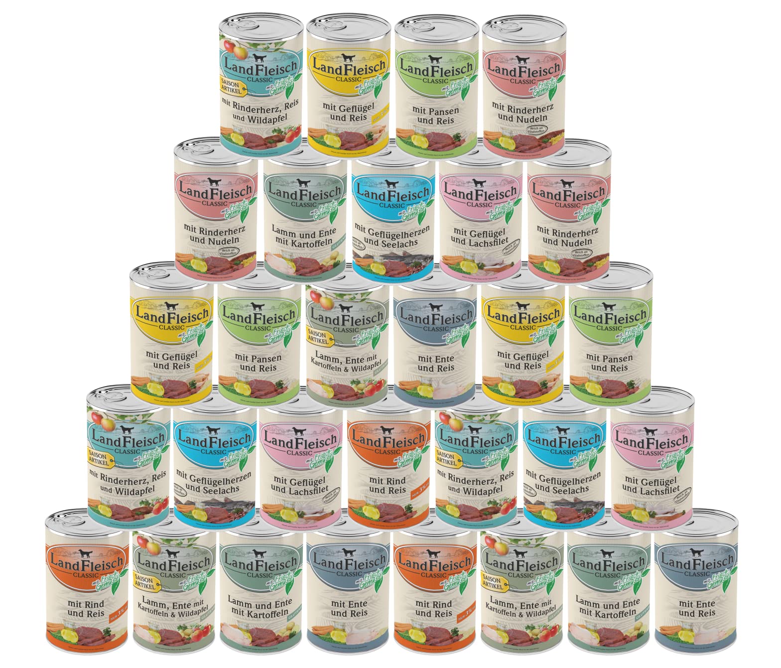 Landfleisch Classic 30 x 400g | Garantierter 10-Sorten-Mix | Mit hochwertigem Fleisch, Rapsöl (Omega-3 & 6), ohne Gluten, Zucker, GVO & Soja | Nassfutter für Hunde