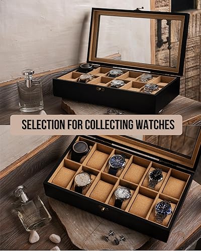Miniatura 3 de Exper City Caja de reloj, caja de reloj para hombres y mujeres con tapa de vidrio grande, caja de almacenamiento de madera con 12 ranuras,