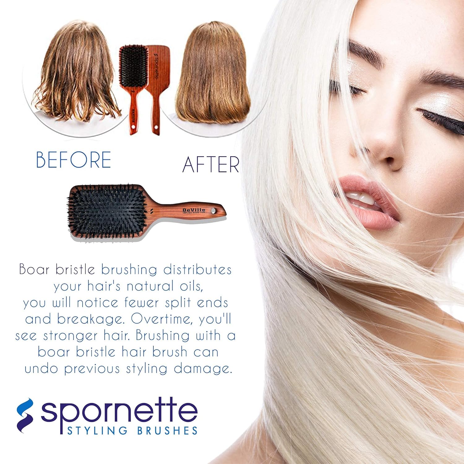 Spornette Deville Cushion Paddle Brush, Boar Bristle Hair Brush with Wooden Handle - For Straightening, Smoothing, Detangling, Styling & Brush Outs for Women, Men, & Kids - All Hair Types - Image 6