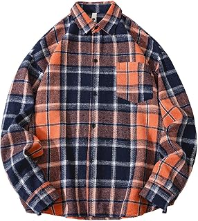 Mens Plaid Shirt Long Sleeves Classic Flannel Shirts Color Block Lapel Neck Button Down Shirt Jacket Tops with Pocket