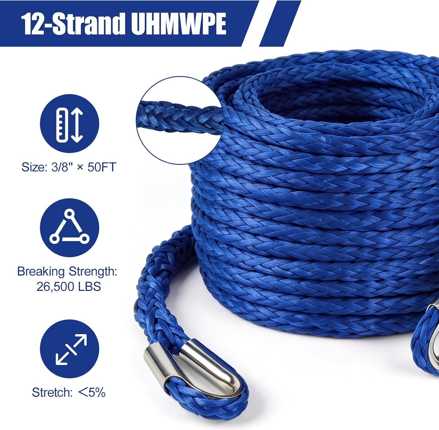 3/8 inch Synthetic Winch Rope, 50ft Tow Rope for ATV UTV SUV Jeep