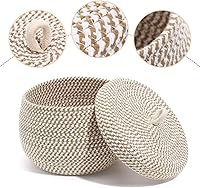 Vista 5 de Hemoton Cesta de almacenamiento de cuerda, cesta con tapa, contenedor de almacenamiento de mimbre de ratán con decoración de tapa, cestas