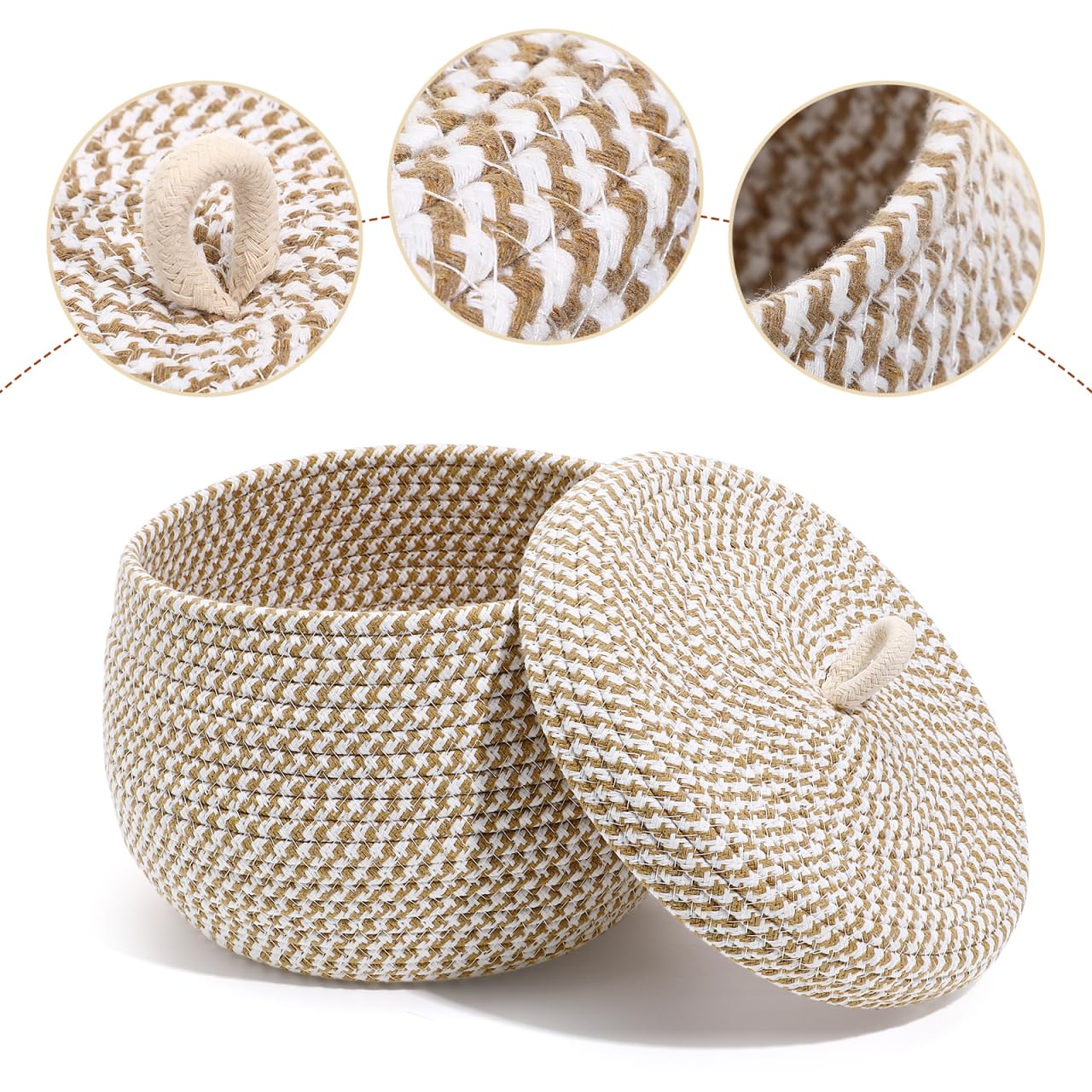 Alipis Piccolo cesto decorativo in corda con coperchio cestino portaoggetti da scrivania in cotone intrecciato per soggiorno