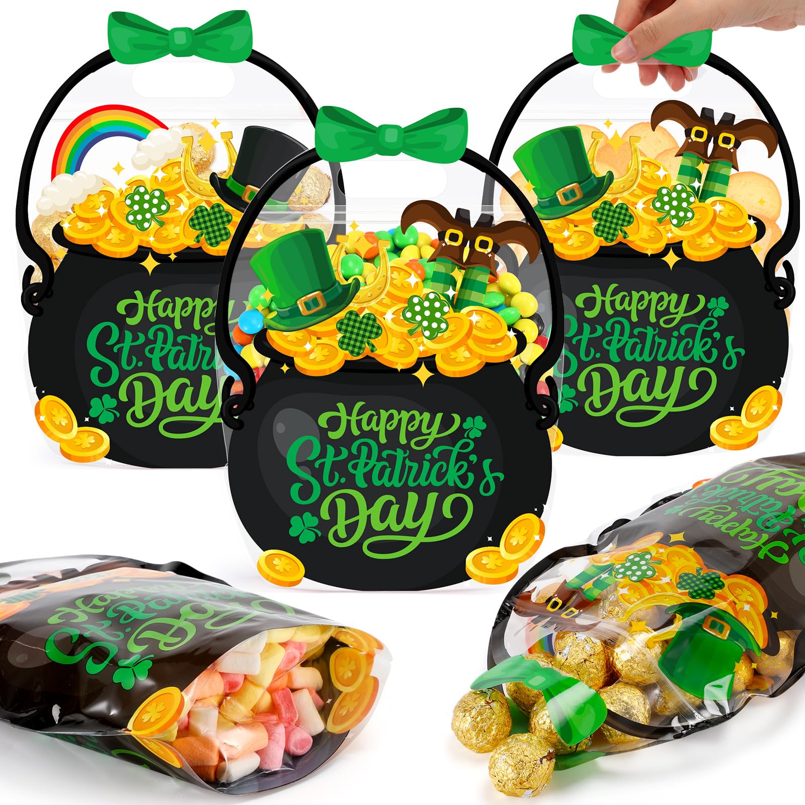 Fuutreo 25 Pcs St. Patrick's Day Gift Bags Black Cauldron Plastic Pouches with Handles Happy St. Patrick's Day Goodies Bags for Irish Holiday Party Candy Wrapping Supplies Decoration(Black Cauldron) — image 1