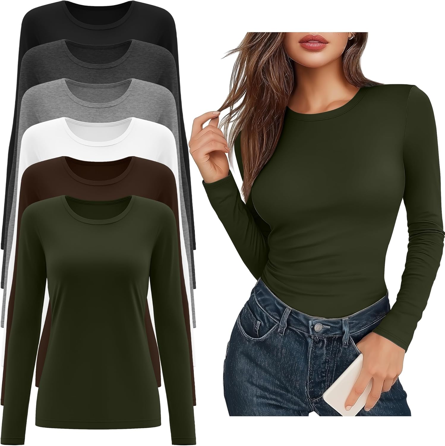 Riyiper 6 Pack Women's Long Sleeve Shirts Basic Slim Fitted Tops Casual Crew Neck Tight Tee Tops 2026 Layering T-Shirt