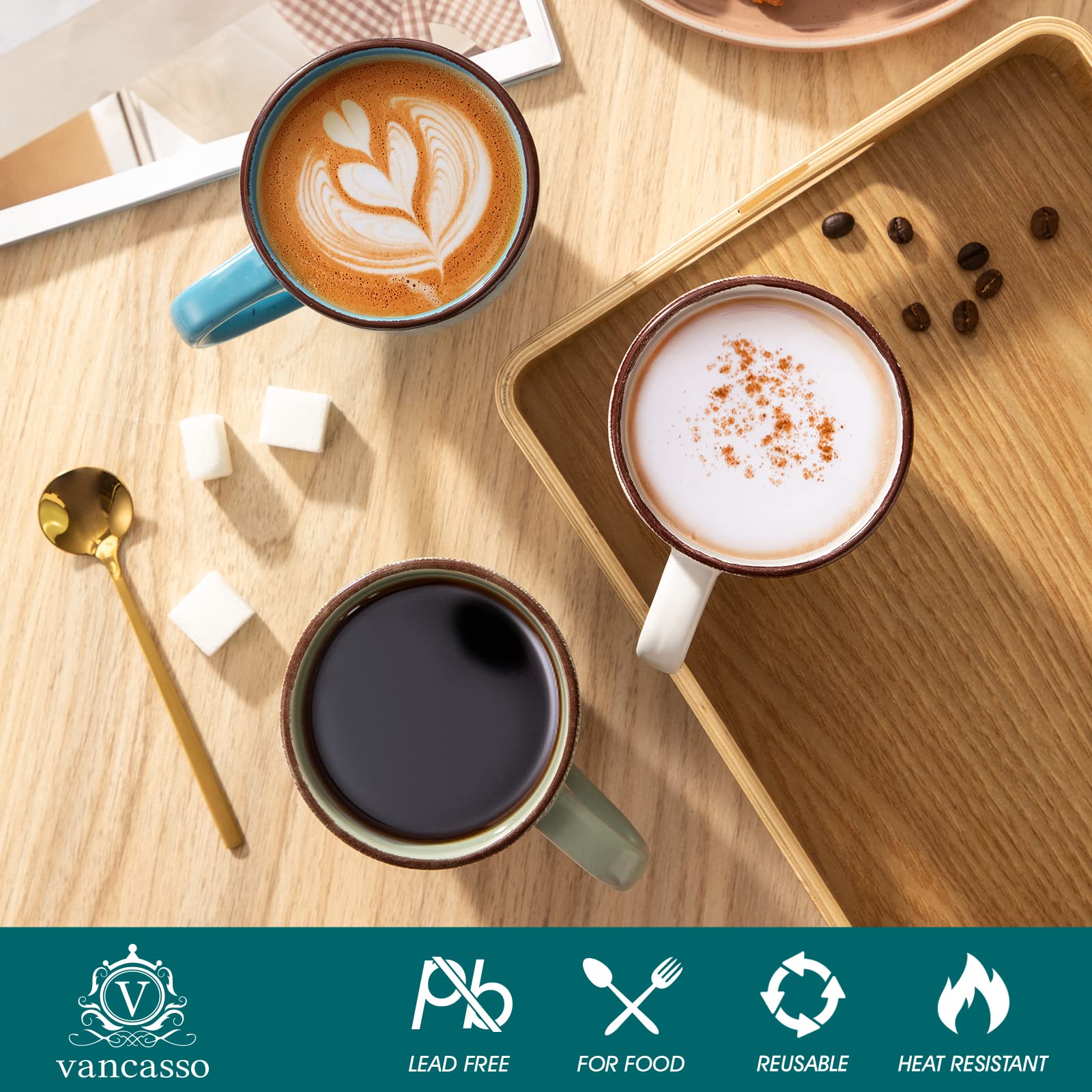 vancasso Moda - Set di tazze da caffè in ceramica per cappuccino, latte, tè, microonde e lavastoviglie, colori assortiti