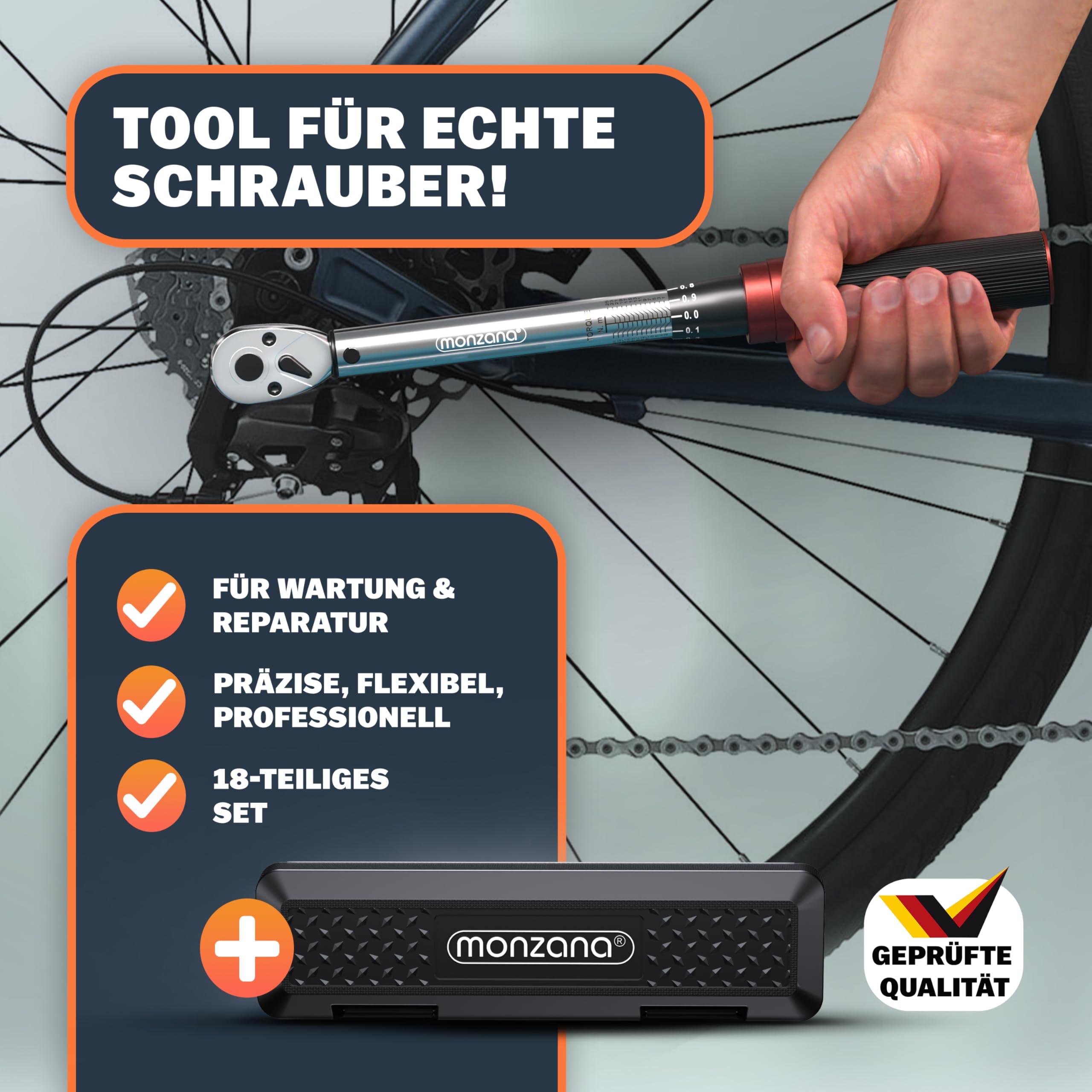 MONZANA® Fahrradmontageständer 30 kg mit Drehmomentschlüssel 1/4 Zoll Set Profi klappbar Tragetasche Reifenheber 1-25 Nm Bitset Transportbox