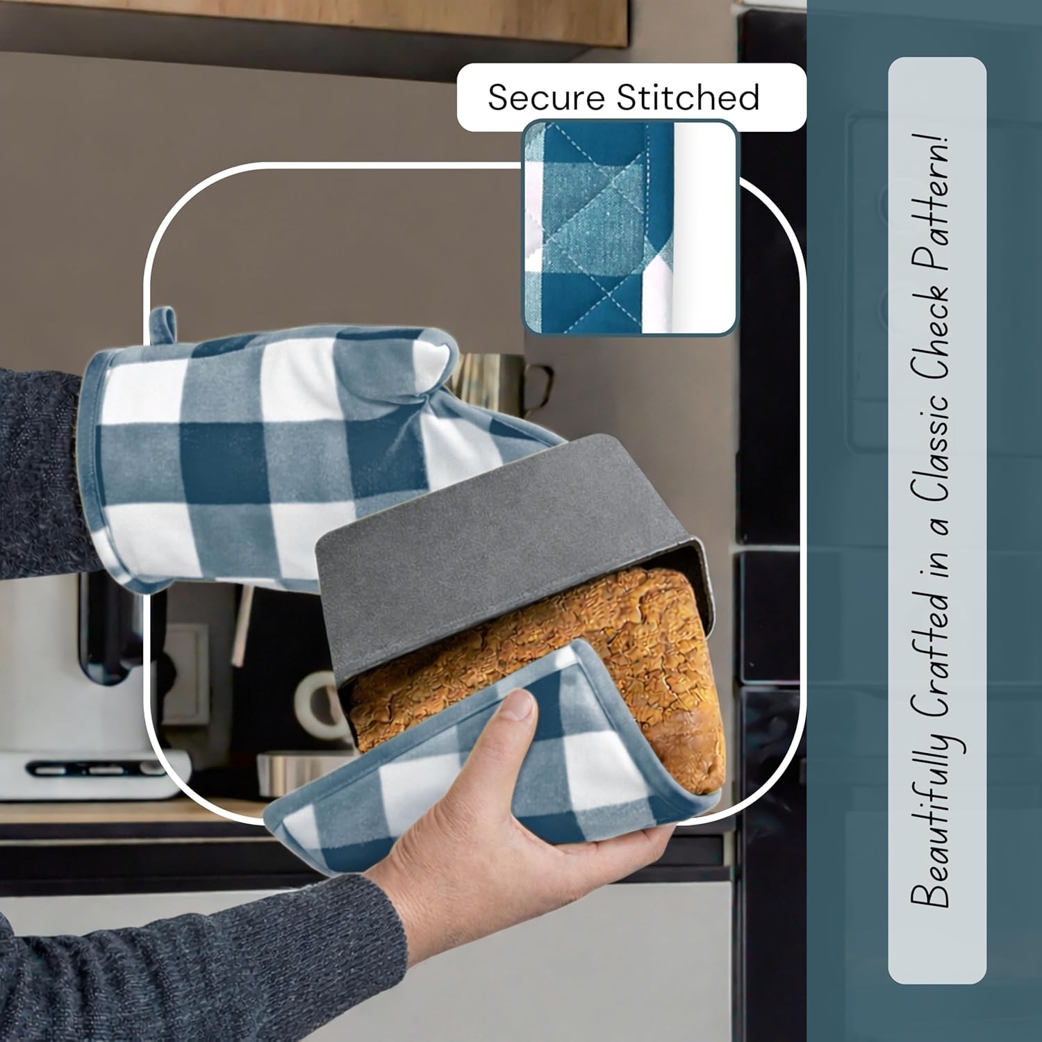 Native Fab Buffalo Plaid Check Oven Mitts and Pot Holders Set of 4, 100% Cotton Heat Resistant Kitchen Gloves, 2 Oven Mitts (7x13), 2 Pot Holders (8x8) for Cooking & Baking, Teal Green White