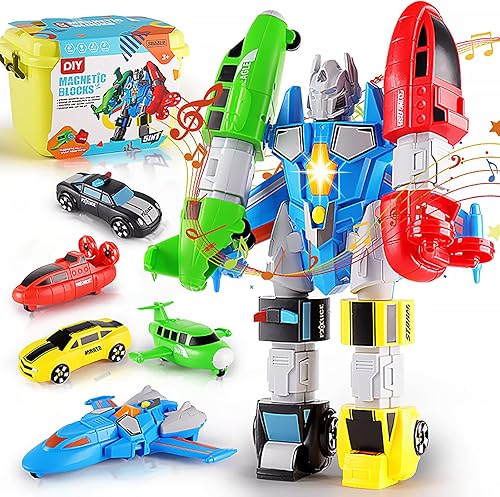 SOMMER Juego de vehículos magnéticos 5 en 1, mezcla y combina el kit de auto apilable STEM con caja de almacenamiento, transforma en robot, regalo