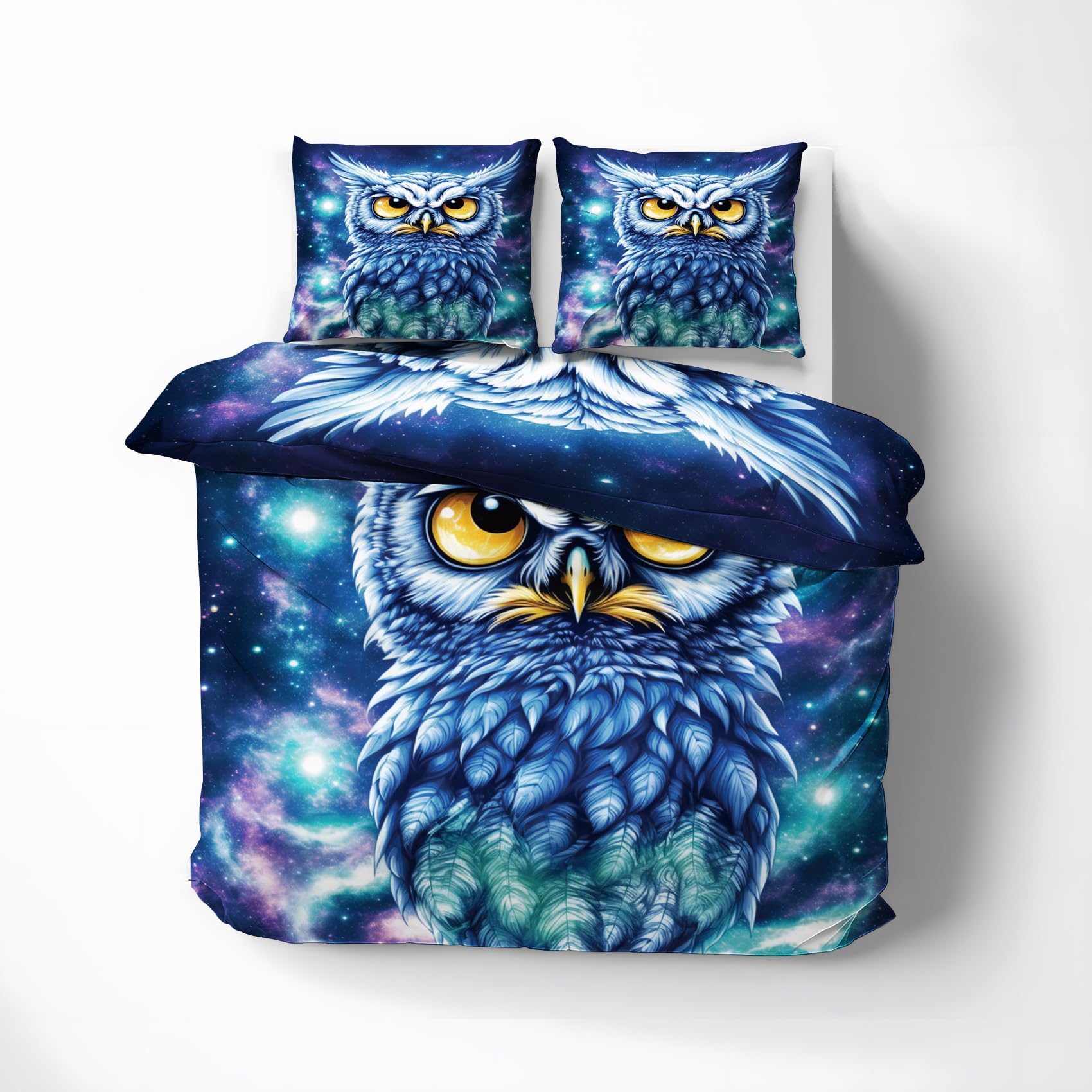 Housse de Couette 200x200 Hibou Galaxie Parure de Lit 2 Personnes Microfibre Chouette